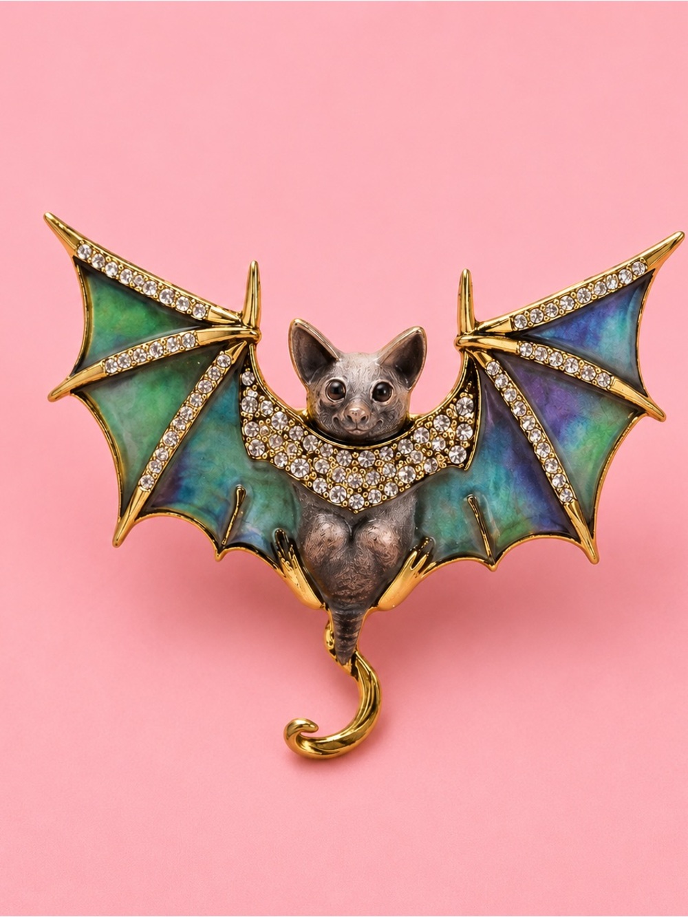 Gothic Bat Green Brooch Gold Accents